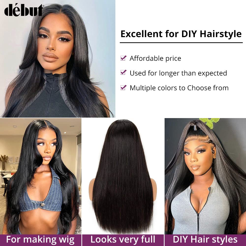 DÉBUT 26 28 30 Inches Silky Straight 6 Bundles with Lace Closure Long Straight Synthetic Hair Bundles Weave Hand-Tied Middle Part Lace Closure for Full Head 1B Color