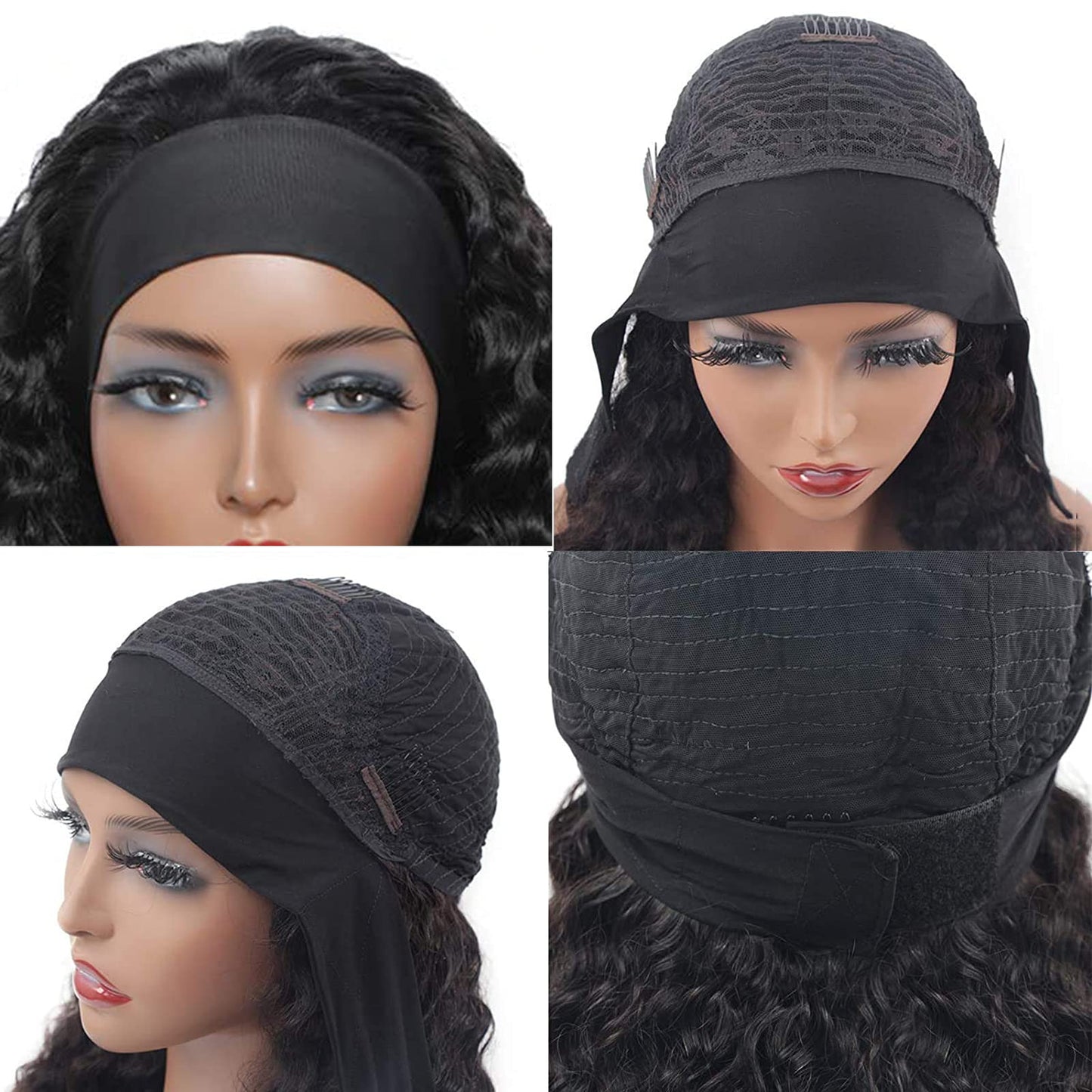 Aiterina Headband Wig Deep Wave Human Hair Wigs Virgin Hair Wigs 14 Inch None Lace Front Wigs For Black Women Deep Wave Machine Made Wigs Natural Color
