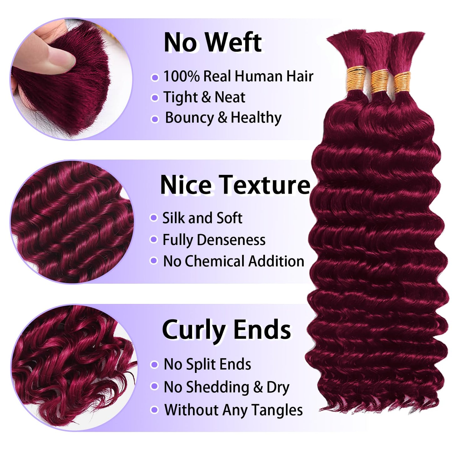 Human Braiding Hair for Boho Braids Human Hair 3 Bundles/Pack 110g 18 Inch Deep Wave Bulk Human Hair for Braiding Curly Knotless 12A Brazilian Virgin Burgundy