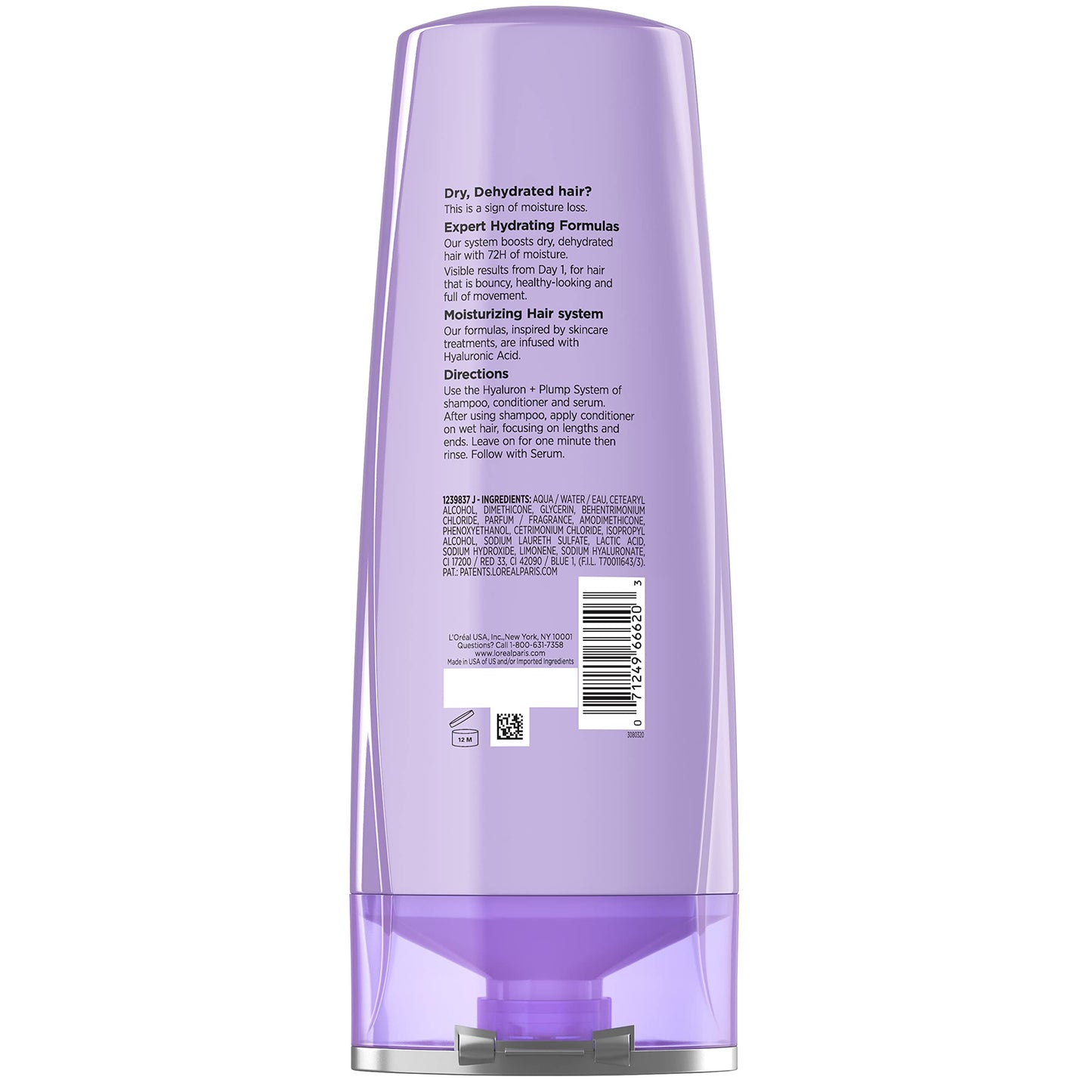 L'Oreal Paris Elvive Hyaluron Plump Hydrating Conditioner for Dehydrated, Dry Hair Infused with Hyaluronic Acid Care Complex, Paraben-Free, 12.6 Fl Oz