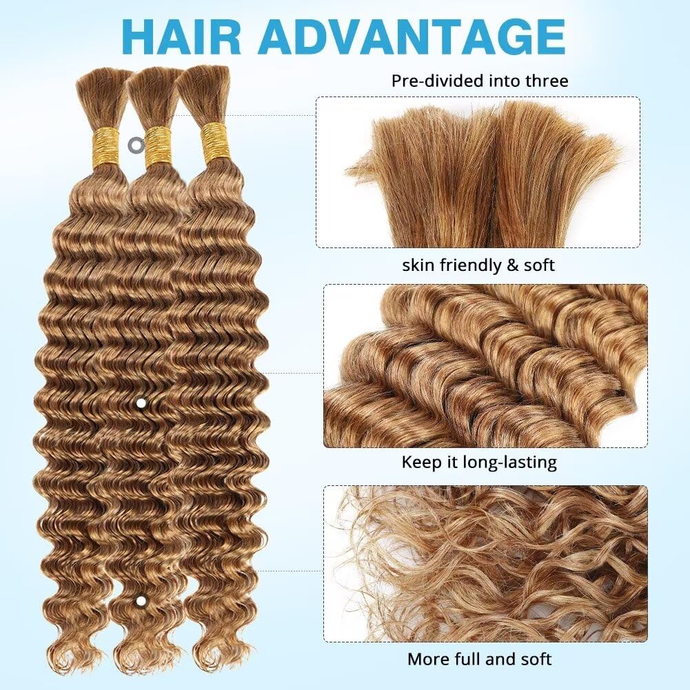 Blonde Human Braiding Hair Deep Water Wave Bulk Human Hair 150g 22 Inch Color 27 Curly Human Hair for Boho Braids Hair Extensions No Weft 3 Braids Per Pack Wet and Wavy