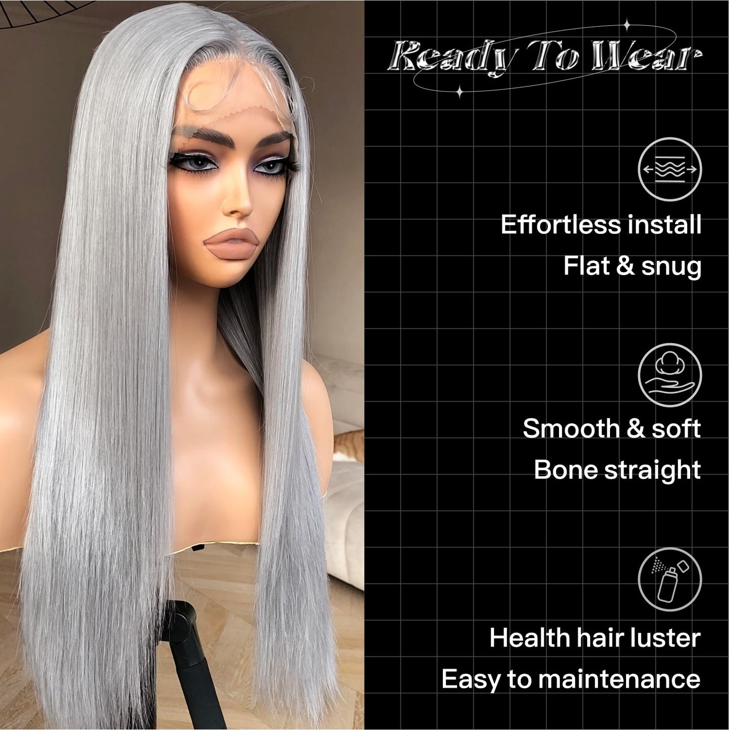 BrownBomb Grey Wig Long Silver Lace Front Wig Pre Plucked Small Knots Ready to Wear, Silver Gray Synthetic Hair Wigs for Women 26inch Long Straight Silver Wig