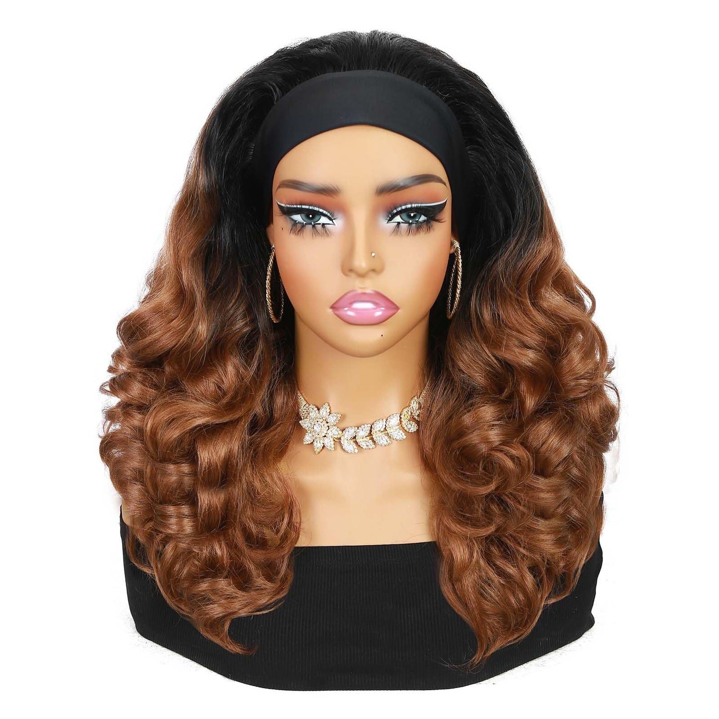 Quantum Love Yaki Curly Headband Wigs for Black Women Kinky Straight Ombre Brown Headband Curly Ends Synthetic Wear and Go Glueless half Wig with Headbands Attached