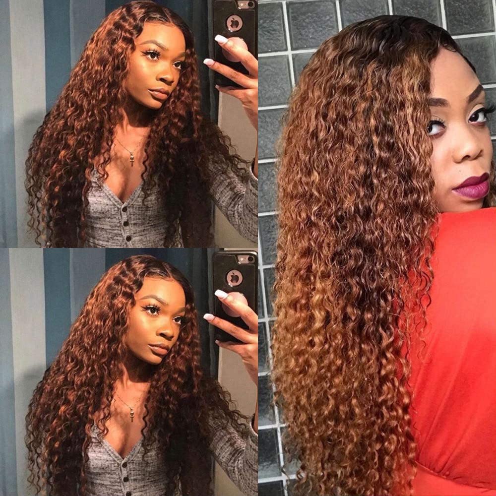 SISIFIRE Deep Wave Lace Front Wigs Ombre Auburn Brown with Black Roots Glueless Wigs Pre-plucked Synthetic Water Wave Frontal Wig with Baby Hair