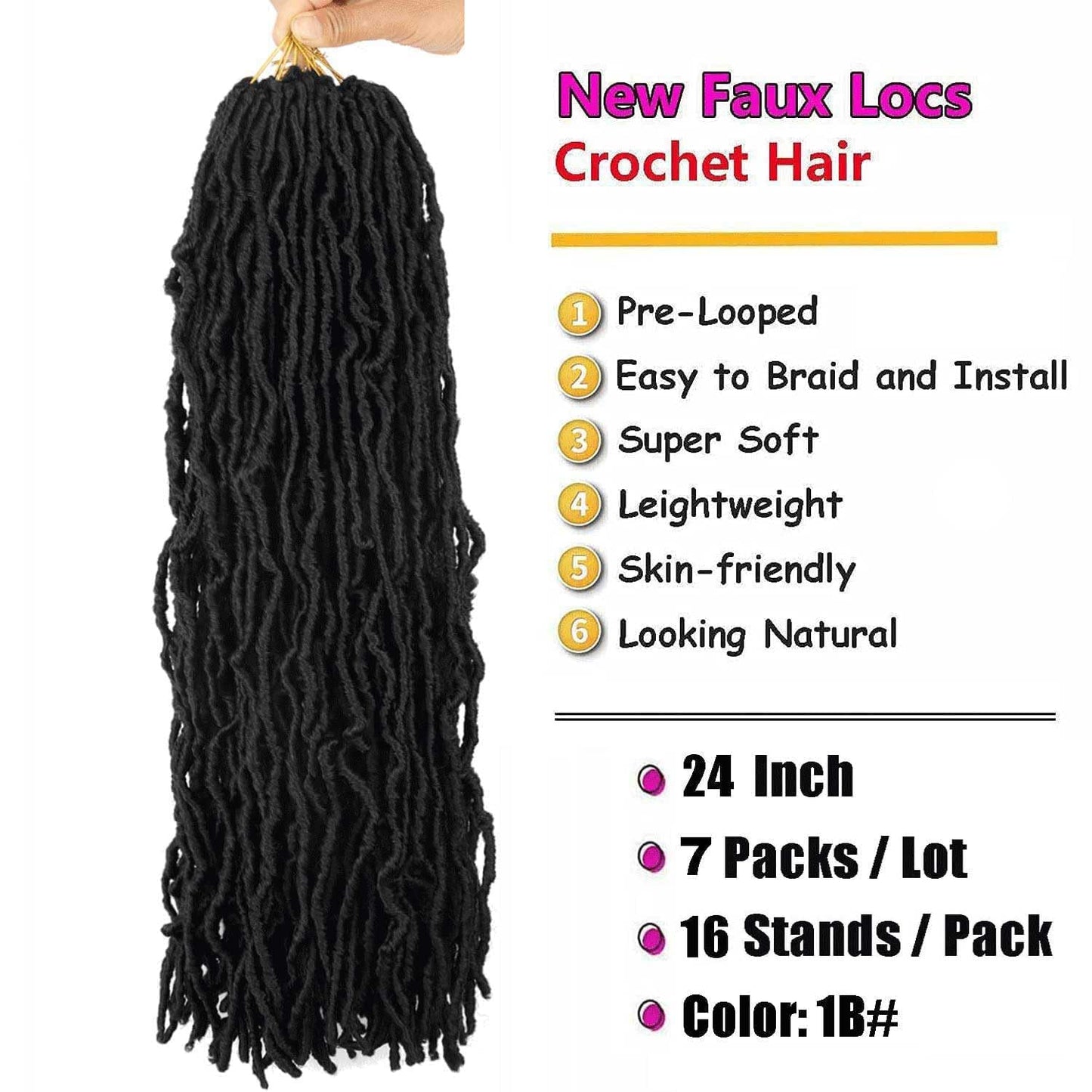 7 Packs Soft Locs Crochet Hair Pre Looped Faux Locs Crochet Braids Goddess Locs Dreadlocs Synthetic Hair For Black Women (1B, 24 Inch (Pack of 7))