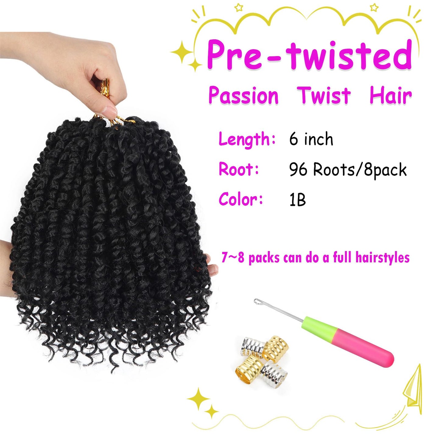 BILEAF Pre-looped Short Crochet Passion Twist Hair 6 Inch Pre-twisted Passion Twist Crochet Hair for Black Women 8 Packs Synthetic Bohemian Braiding Extensions 1B