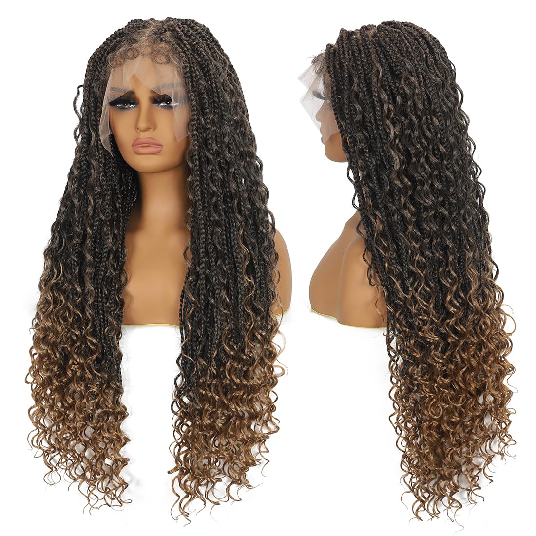 28 Inch Half Lace Front Braided Wigs for Black Women Knotless Braids Wigs Bohemian Boho Braids Goddess Box Braided Wig with Baby Hair (T27, 28 inch)