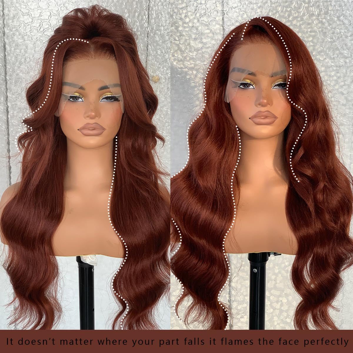 BlackSwern 13x6 HD Glueless Lace Frontal Wig Pre-Plucked 200 Density Reddish Brown Similar Human Hair Synthetic Long Body Wave Lace Front Wig Ready to Wear 26inch#33b Reddish Brown