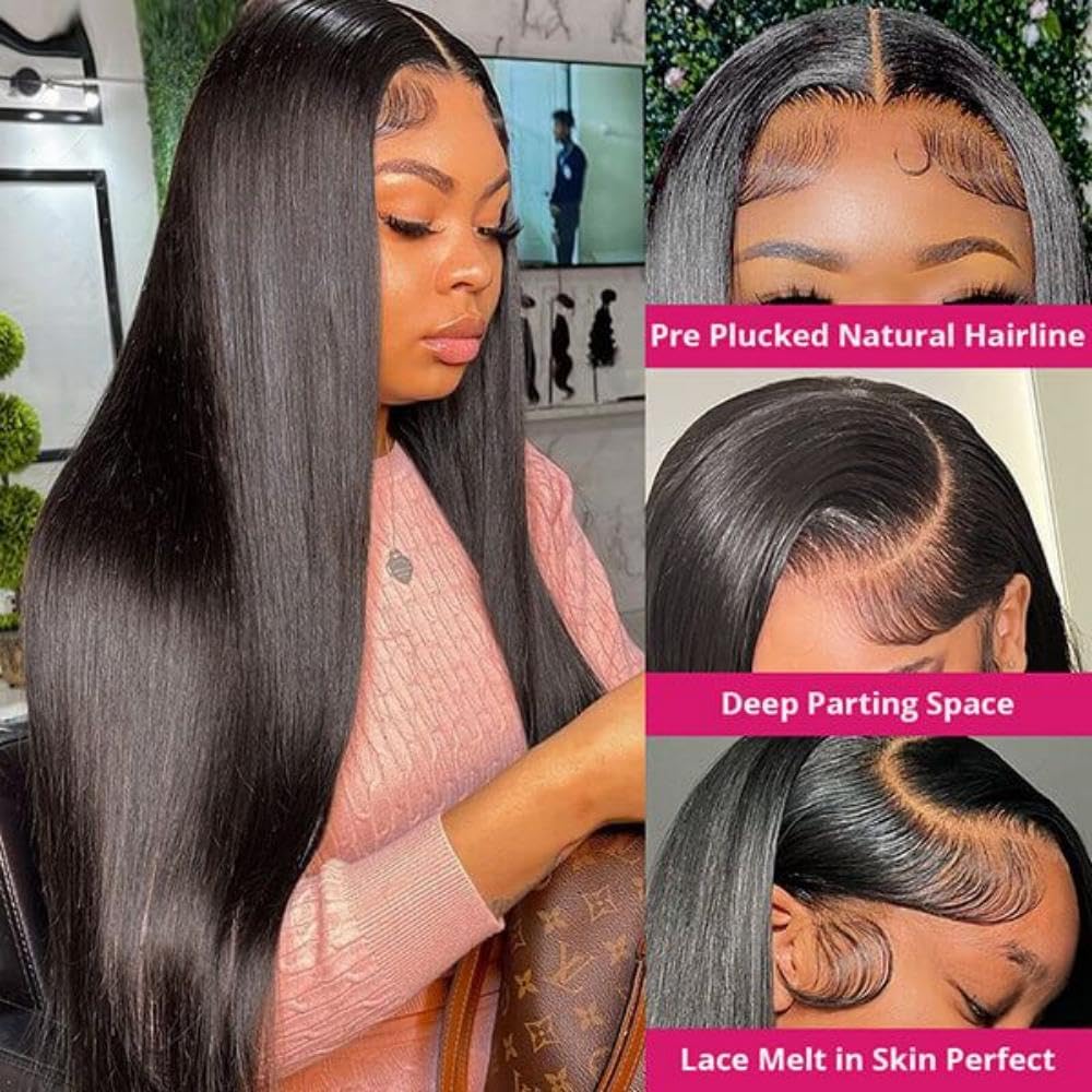 13x6 HD Lace Front Wigs Human Hair Pre Plucked Pre Bleached Knots with Baby Hair Glueless Lace Frontal Wigs Brazilian Unprocessed Waterfall Straight Human Hair Wigs for Women 200% Density (22 Inch)