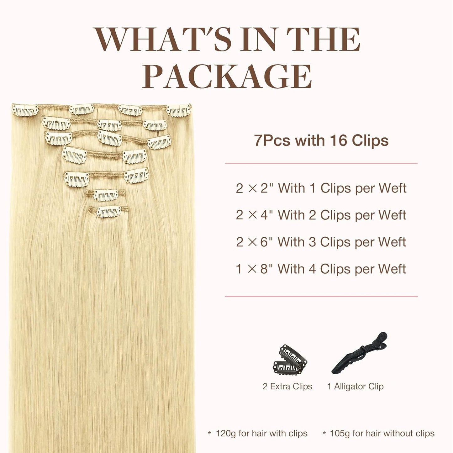 GOO GOO Clip in Hair Extensions Real Human Hair, Remy Human Hair Extensions Clip ins for Women, Natural Human Hair, 14inch 120g 7Pcs, 613R Bleach Blonde