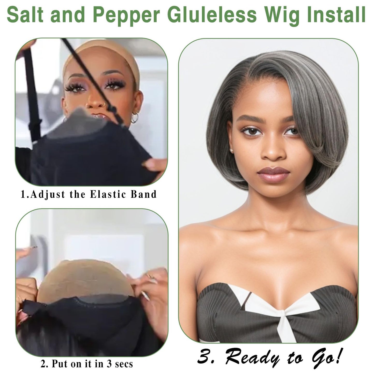 HANASCC 8" Glueless Straight Bob Salt and Pepper Wigs Human Hair Pre Plucked Gray Human Hair Wigs Short Pixie Cut Bob Wig Pre Cut 5x5 Closure HD Transparent Grey Lace Front Wigs for Women
