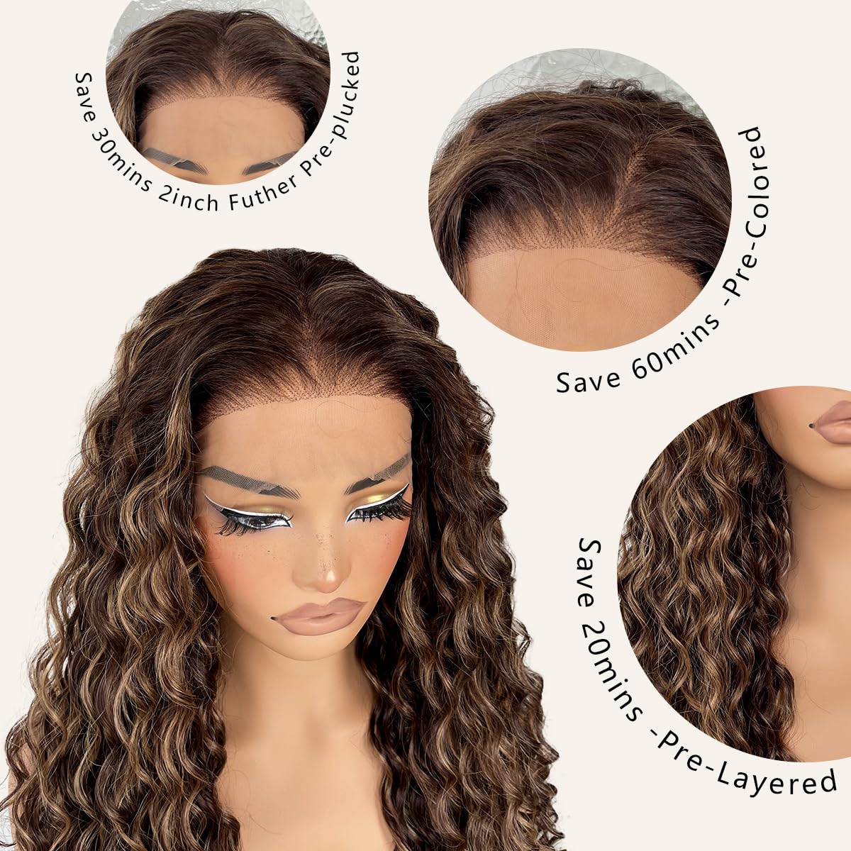 26Inch Ombre Honey Blonde Highlights Deep Curly Lace Front Wig for Black Women, 13x6 HD Glueless Curly Lace Front Wigs Pre-Plucked, 200 Density Synthetic, 26 inch #4/27 Blonde Highlights
