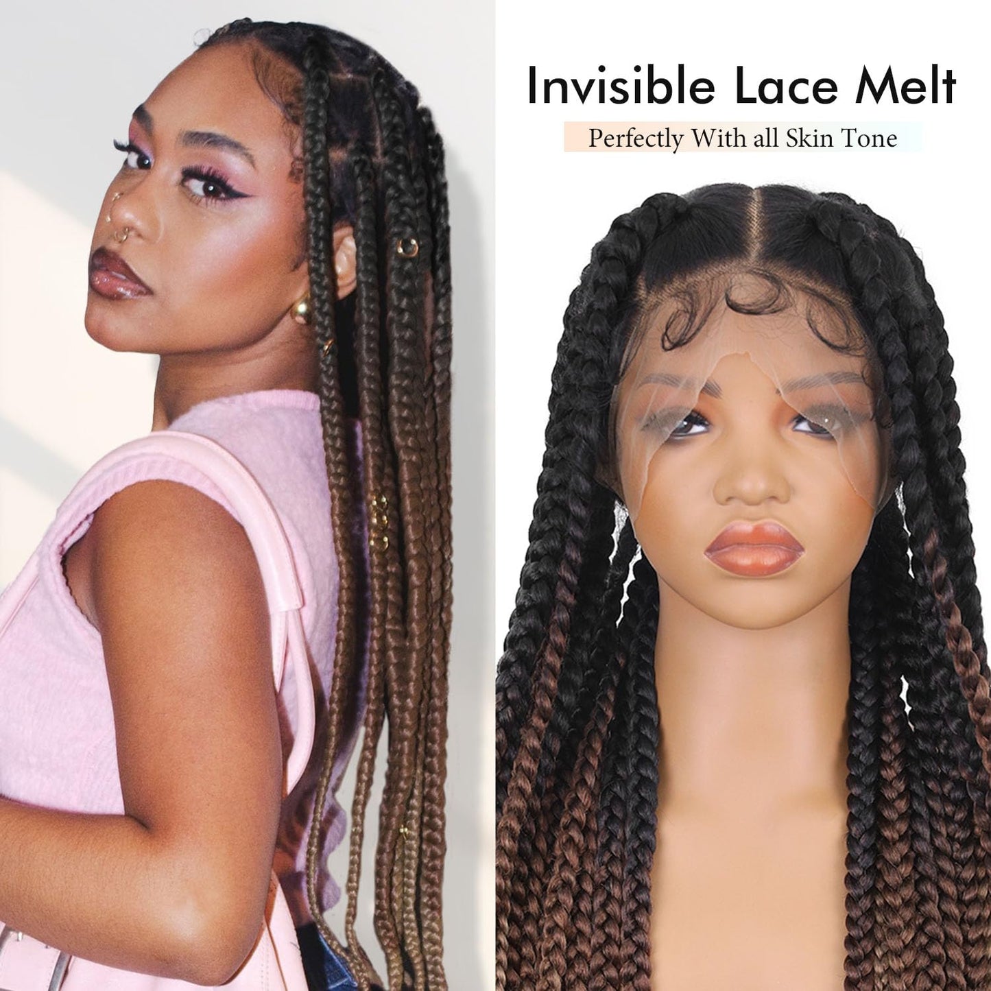 Lady Miranda Full Lace Jumbo Braided Wigs for Black Women Knotless Box Braid Wig with Baby Hair 32" Glueless Wigs Jumbo Box Braids Lace Front Synthetic Wig (1B/30/27)