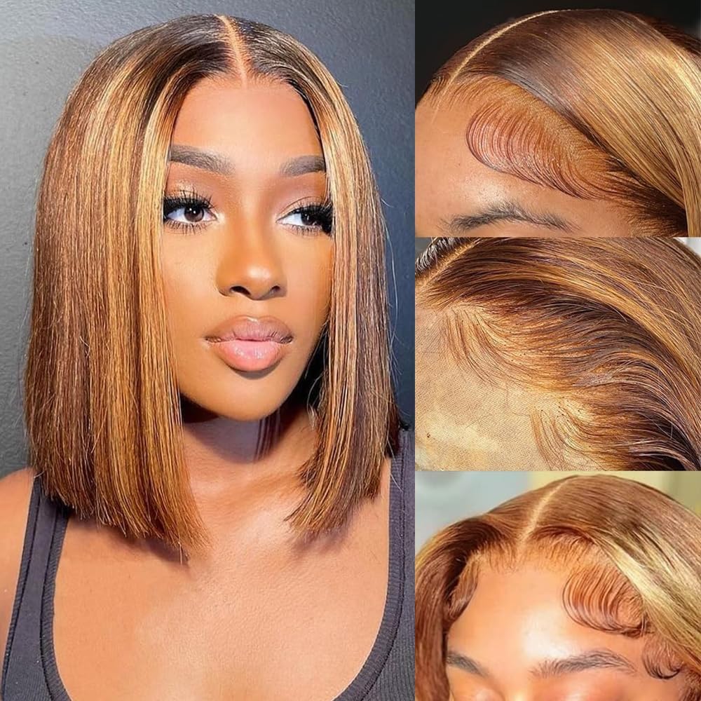 RMOARIWR Highlight 4/27 Bob Wig Human Hair 180% Density 13x4 HD Transparent Lace Front Wigs Human Hair Pre Plucked Short Bob Glueless Straight Wigs Human Hair for Women 16 Inch