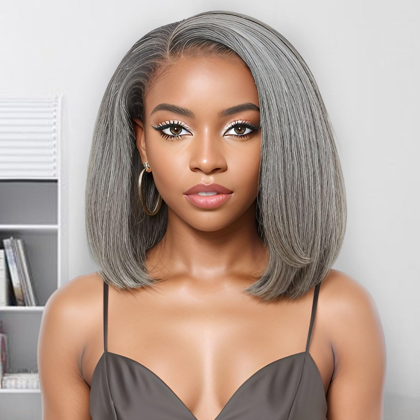 HANASCC 12" Salt and Pepper Human Hair Wigs Pre Plucked Grey Straight Short Bob Wig Pre Cut 5x5 Closure HD Transparent Gluelss Gray Lace Front Wigs for Women