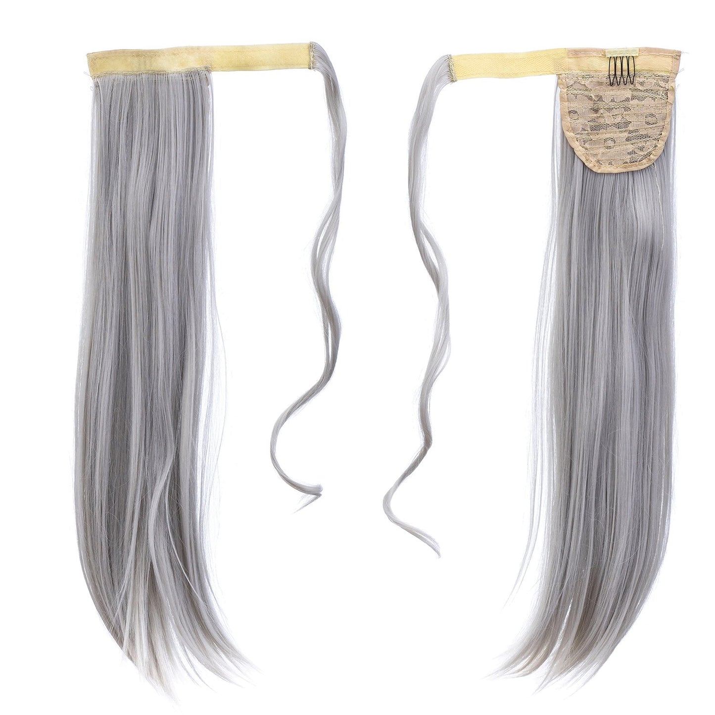 SWACC Women Long Straight/Curly Wavy Wrap Around Ponytail Extension Synthetic Hair Piece Clip in Hair extensions (Straight, Silver Gray)