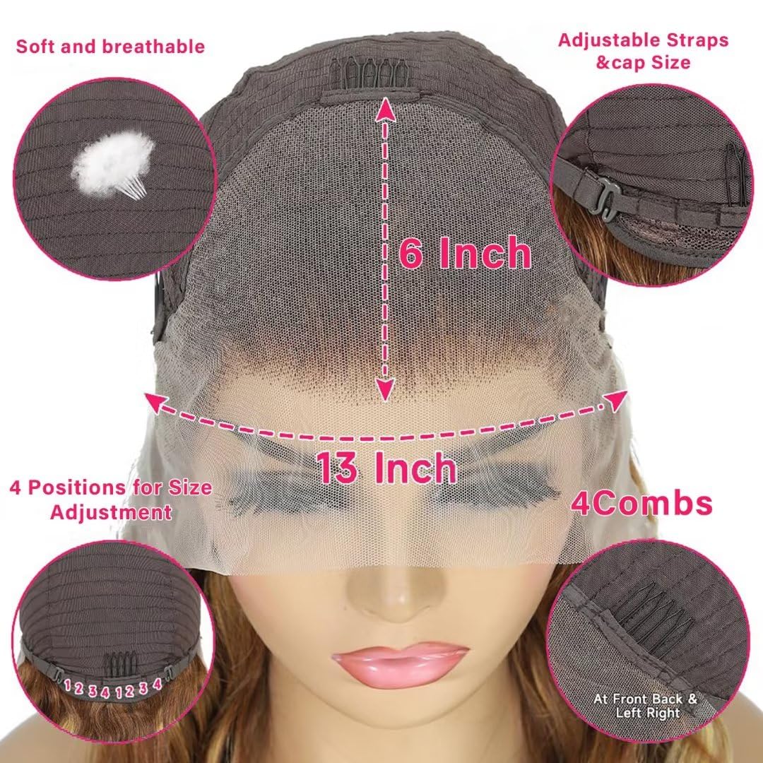 Yeeaak 32Inch Highlight Ombre Lace Front Wigs Human Hair 13x6 4/27 Highligt Body Wave Frontal Wig HD Transparent Lace Pre Plucked with Baby Hair 180% Density Glueless Honey Blonde Wig for Women