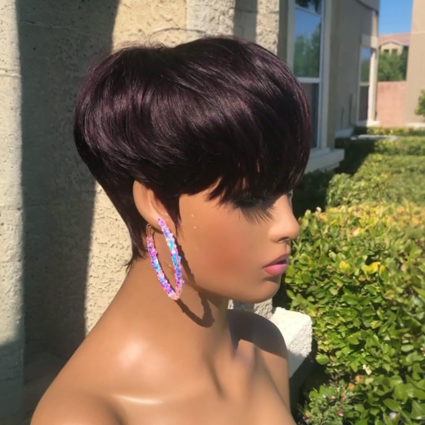 QiaQiaRing Chic Elegent Pixie Cut Wigs for Black Women Black 99J Color for Daily Use Short Layered Pixie Cut Human Hair Wigs With Bangs Brazilian Virgin Straight Human Hair Full Machine Made