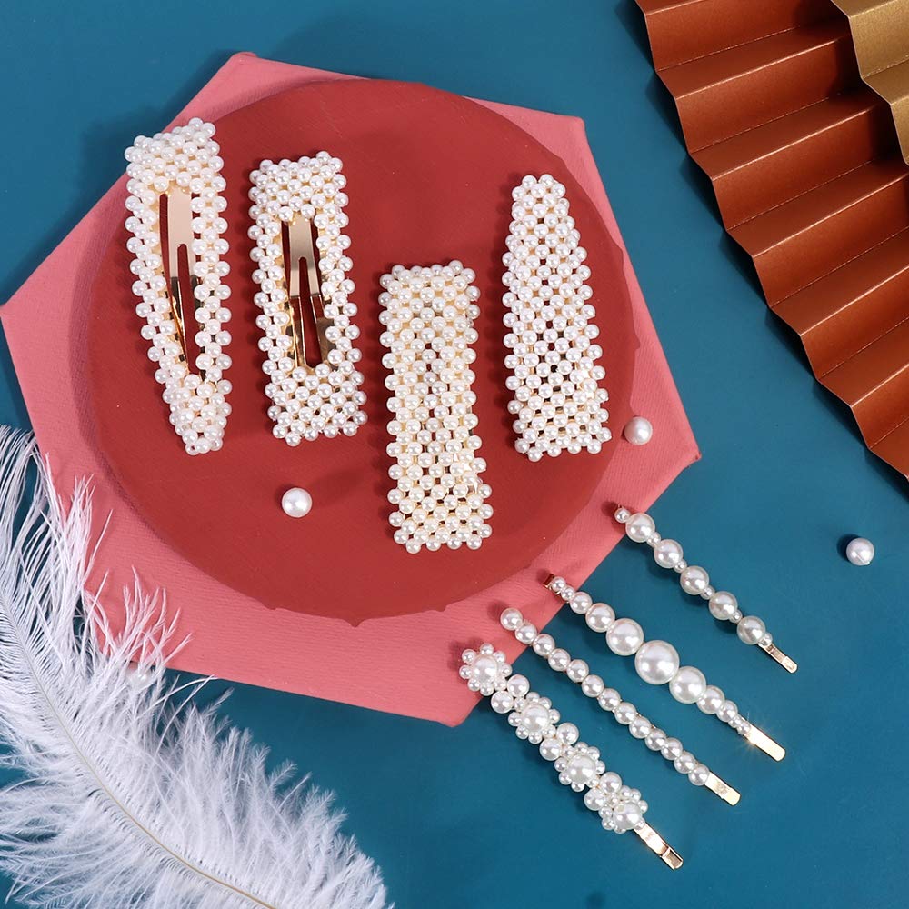 28 PCS Hingwah Pearls and Acrylic Resin Hair Clips, Handmade Hair Barrettes, Marble Alligator bobby pins, Glitter Crystal Geometric Hairpin, Elegant Gold Hair Accessories, Gifts for Women Girls