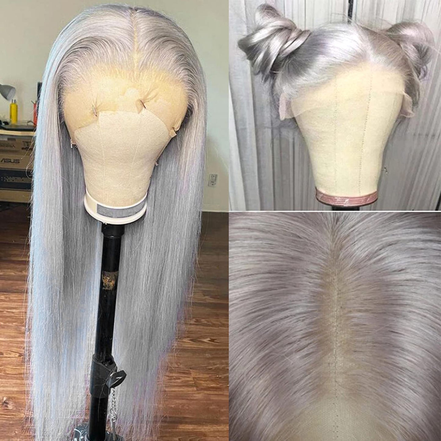 ANDRIA Lace Front Wigs Glueless Synthetic Long Silk Straight Natural Heat Resistant Fiber Hair Grey Wig With Baby Hair For Black Women 24 Inches