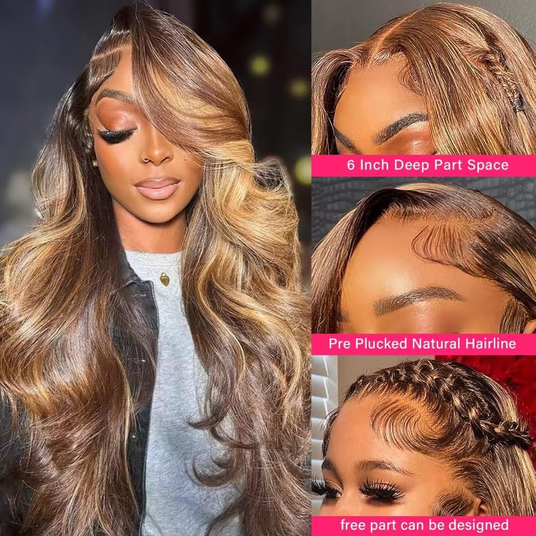 Yeeaak 32Inch Highlight Ombre Lace Front Wigs Human Hair 13x6 4/27 Highligt Body Wave Frontal Wig HD Transparent Lace Pre Plucked with Baby Hair 180% Density Glueless Honey Blonde Wig for Women