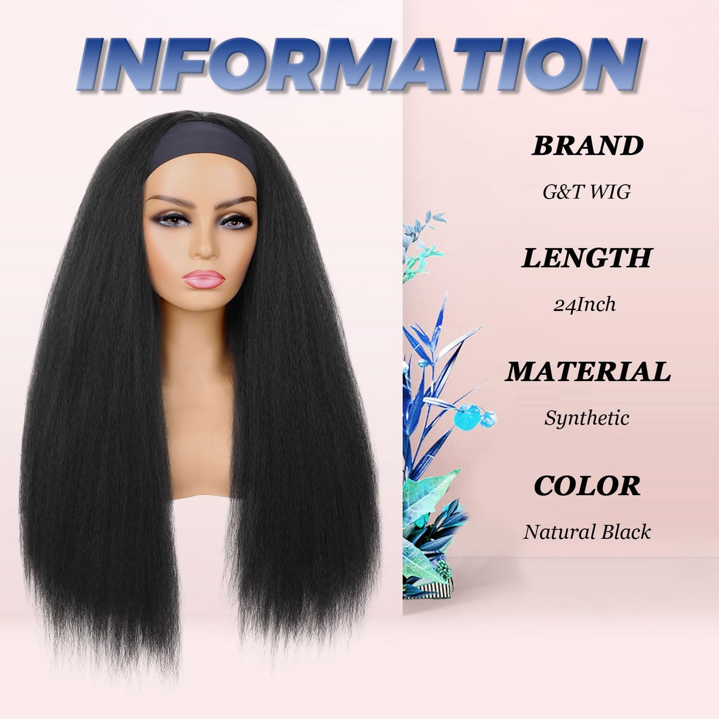G&T Yaki Straight Headband Wigs for Black Women - Synthetic Long Kinky Straight Hair Wigs With Hair Band Attached Half Wig - 26 inch Full Machine Made None Lace Front Wig