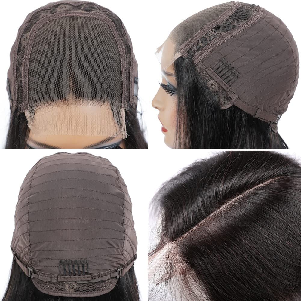 DELHELHAIR Silky Straight Glueless Lace Front Wigs for Black Women Human Hair Unprocessed Brazilian Remy Straight 4x4 Lace Closure Wig Pre-Plucked with Baby Hair (16Inch, Natural Black)