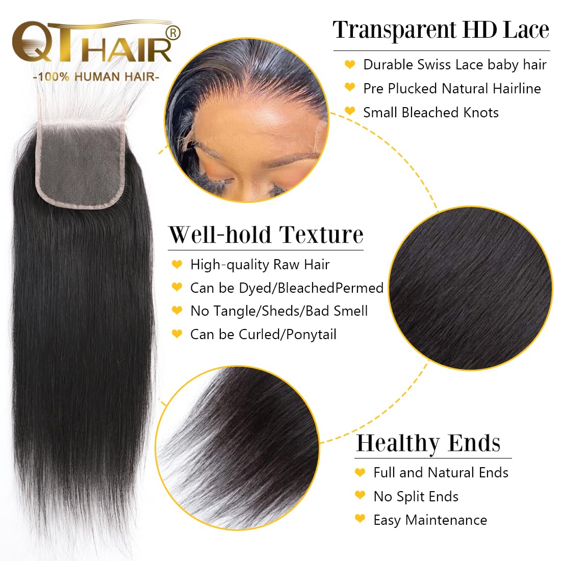 QTHAIR 14A Virgin Straight Hair Transparent Hd Lace Closure (20inch) 4x4 Free Part 130% Density Top Swiss Lace Natural Black Color Straight Human Hair Closure with Baby Hair