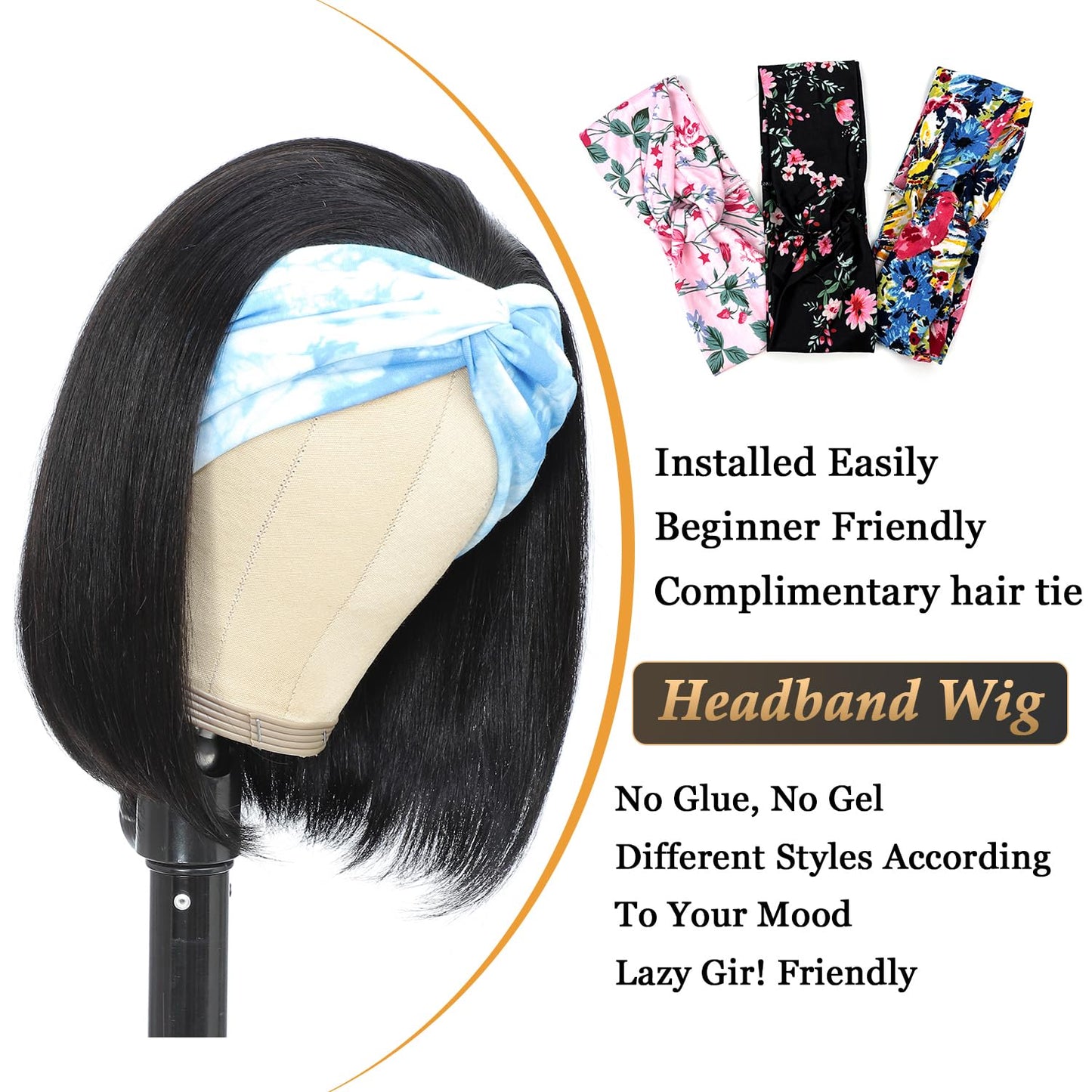 XC CLOUDS Headband Wigs Human Hair 8 Inch Bob Headband Wigs For Black Women Wear And Go Short Bob Wigs Glueless Wigs Human Hair Natural Black Headband Wig Human Hair Straight 150% Density