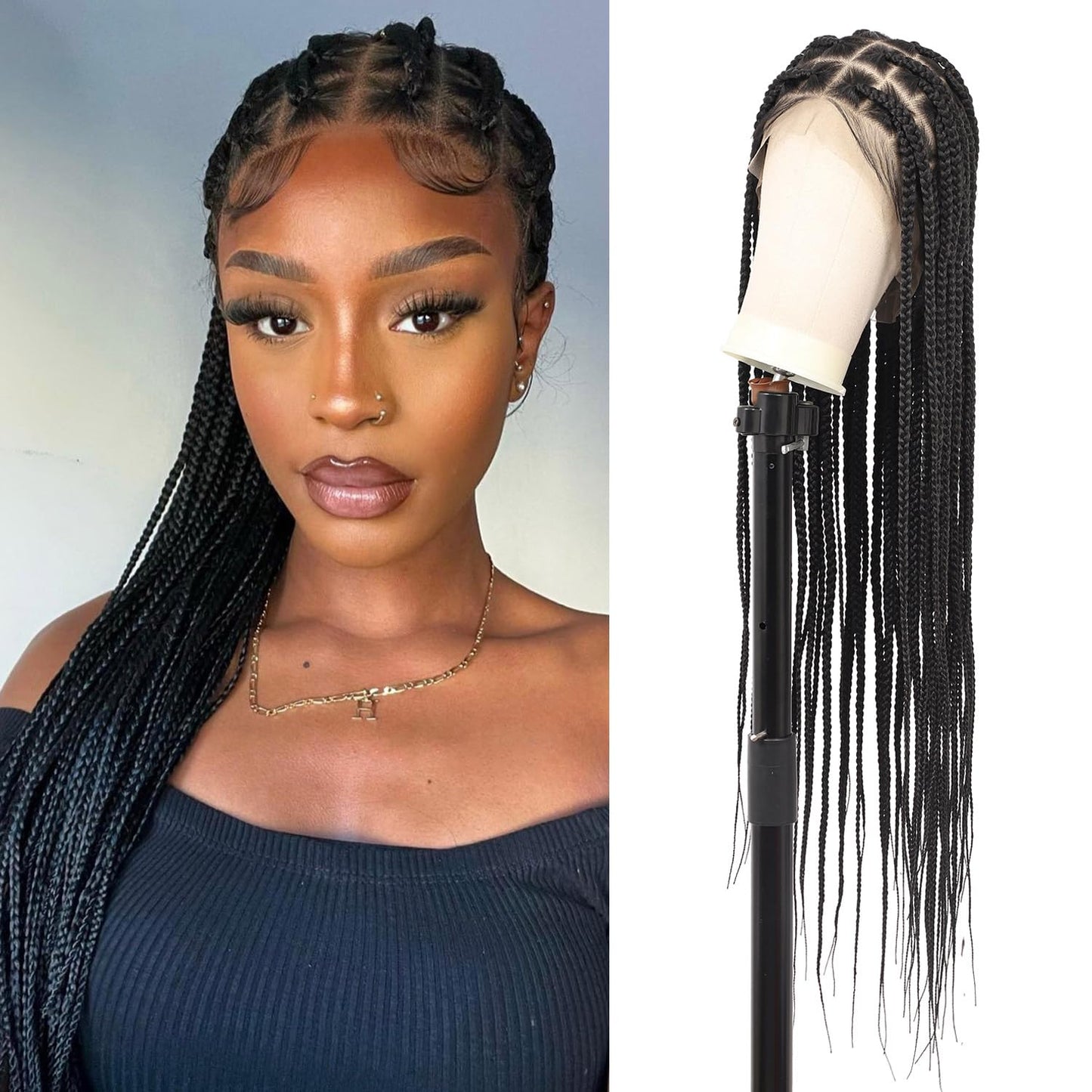 Olymei 360° HD Full Lace Large Square Knotless Braided Wigs for Women Box Braid Wig with Baby Hair Long Black Premium Synthetic Braided Lace Front Wigs 36"
