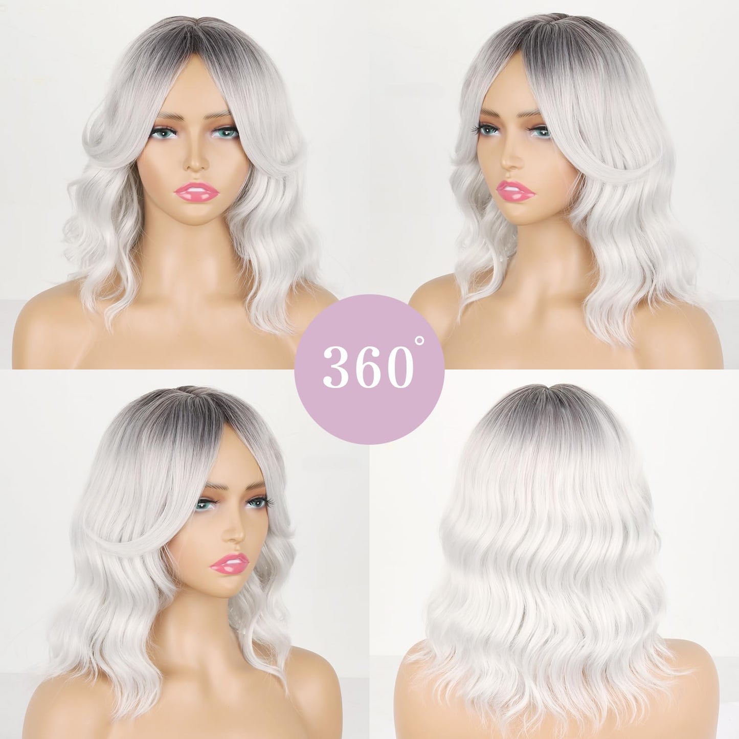 Gray Ombre Wig Short Gray Wavy Bob Wig with Bangs Gray Wigs for Women Synthetic Grey Curly Bob Wig Silver Gray White Hair Wig with Curtain Bangs Ombre Light Grey Wig with Dark Roots 14inch
