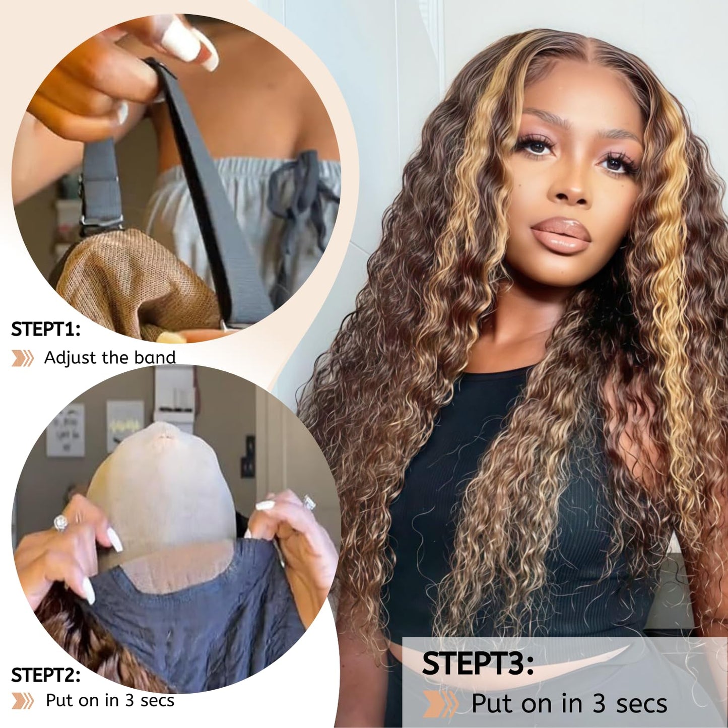 PYY 4/27 Highlight Glueless Deep Wave Wig Human Hair, 5x5 HD Lace Wear and Go Pre Plucked Pre Cut Wig for Women, Beginner Friendly, Natural Hairline, No Glue Needed 20Inch