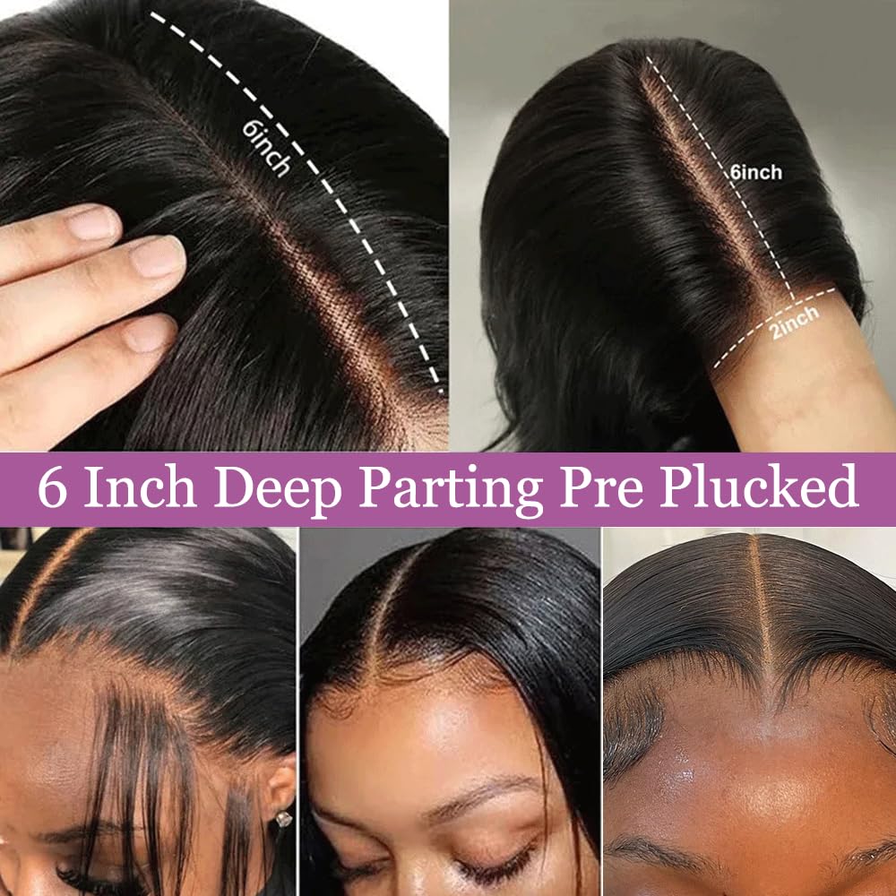2x6 HD Lace Closure Straight Lace Closure Pre Plucked Single Knot Kim K Long Deep Parting 0.10mm Ultra-thin Invisible Swiss 130% Density Virgin Human Hair Natural Black(18 Inch)