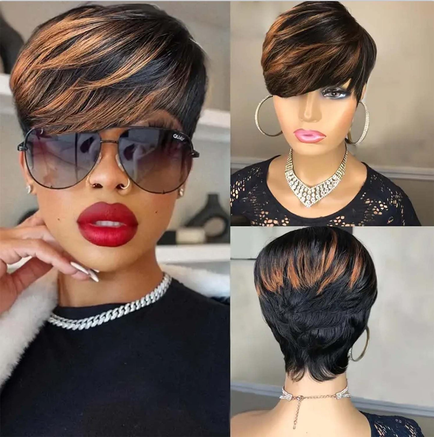 Flandi Pixie Cut Wigs for Black Women Pixie Cut Wig Human Hair Short Layered Wigs Full Machine Made Short Haircut Wig Glueless with Bangs Black with Brown F1B33