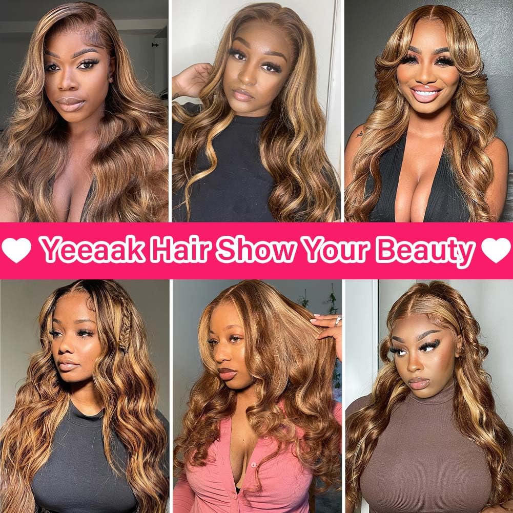 Yeeaak 32Inch Highlight Ombre Lace Front Wigs Human Hair 13x6 4/27 Highligt Body Wave Frontal Wig HD Transparent Lace Pre Plucked with Baby Hair 180% Density Glueless Honey Blonde Wig for Women