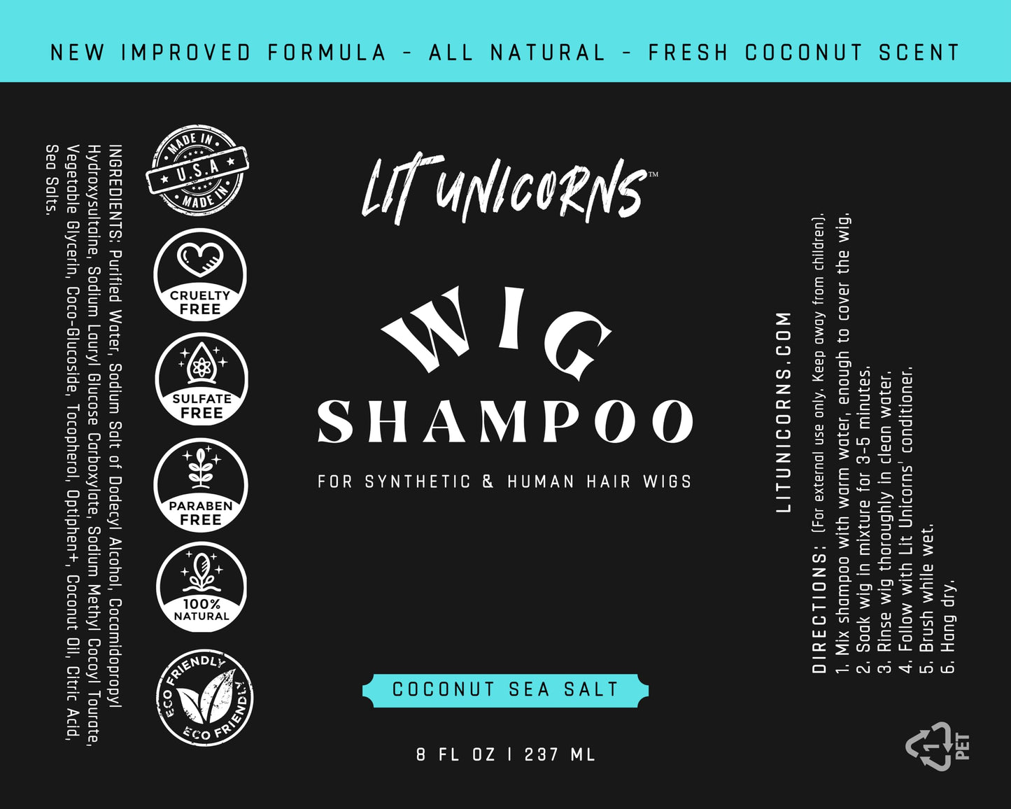 LIT UNICORNS All Natural Wig Shampoo & Conditioner Set for Human Hair and Synthetic Wigs. Clean | Detangle | Soften. Keep Your Wig Fresh - Coconut Scent (16oz Flip-Top)