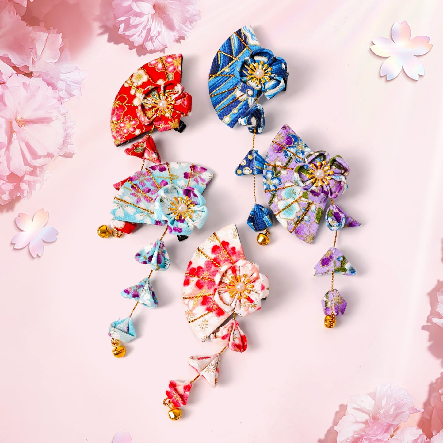 Union Power 1 Pair Japanese Style Hair Clips Sector Tassel Hair Accessories Flower Kimono Traditional Hairpins Barrette Cherry Blossom Hair Clamp Bride Hanfu Accessory for Womens (Pink)