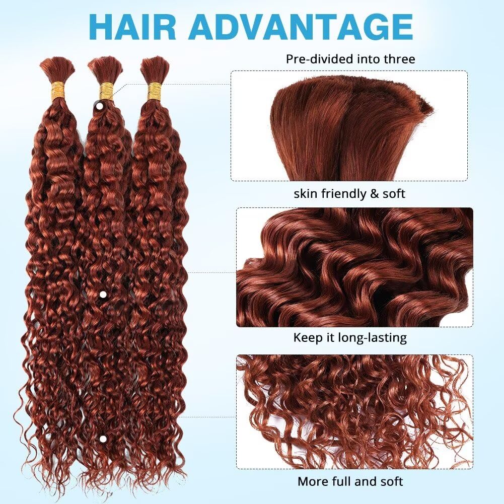 Dark Ginger Human Braiding Hair Water Wave Bulk Human Hair 150g 24 Inch Color 350 Curly Human Hair for Boho Braids Hair Extensions No Weft 3 Braids Per Pack Wet and Wavy Human Hair Braiding Hair