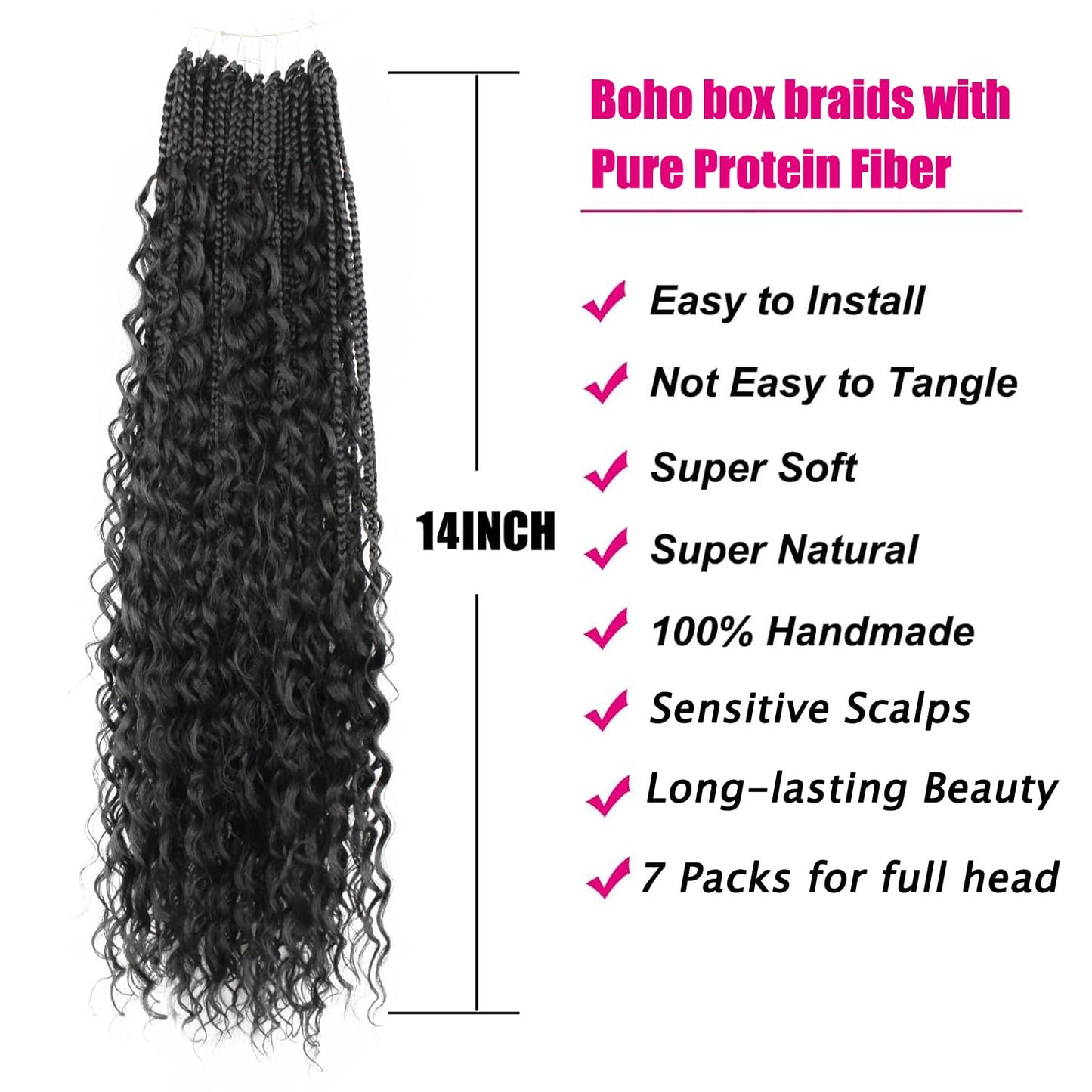 Boho Crochet Braids Pure Protein Fiber Close to Human Hair 14 Inch Goddess Box Braids with Soft Curls Bohemian Braids Crochet Hair for Black Women(14Inch 1B)