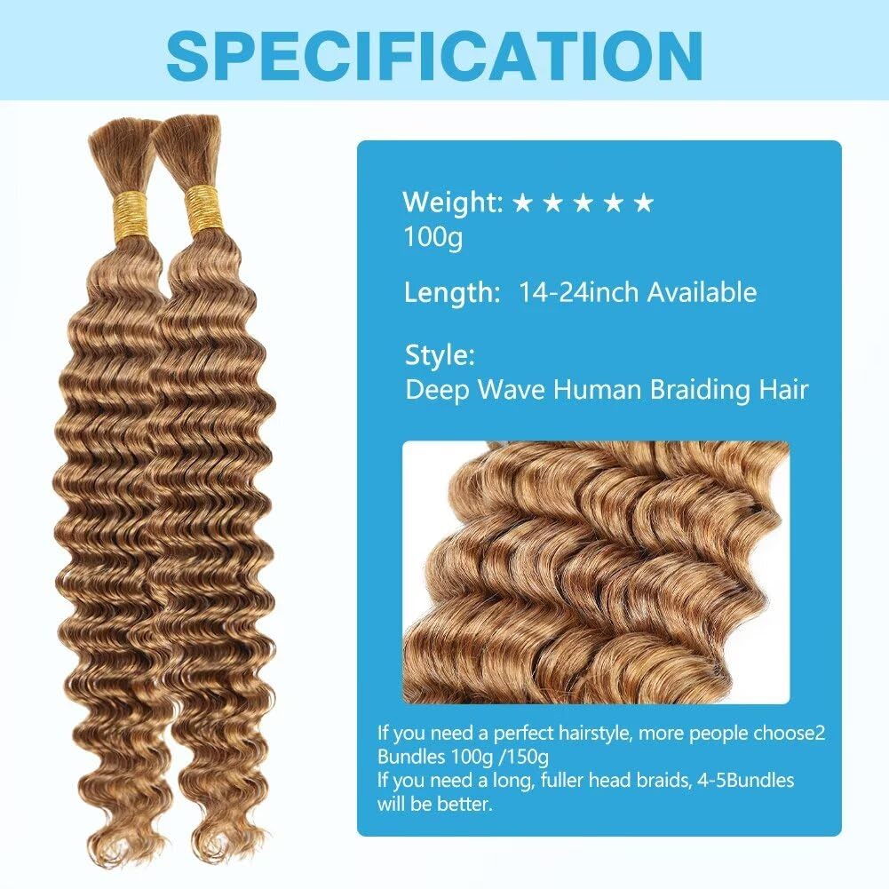 Blonde Human Braiding Hair Deep Water Wave Bulk Human Hair 100g 28 Inch Color 27 Curly Human Hair for Boho Braids Hair Extensions No Weft 2 Braids Per Pack Wet and Wavy Human Hair Braiding Hair