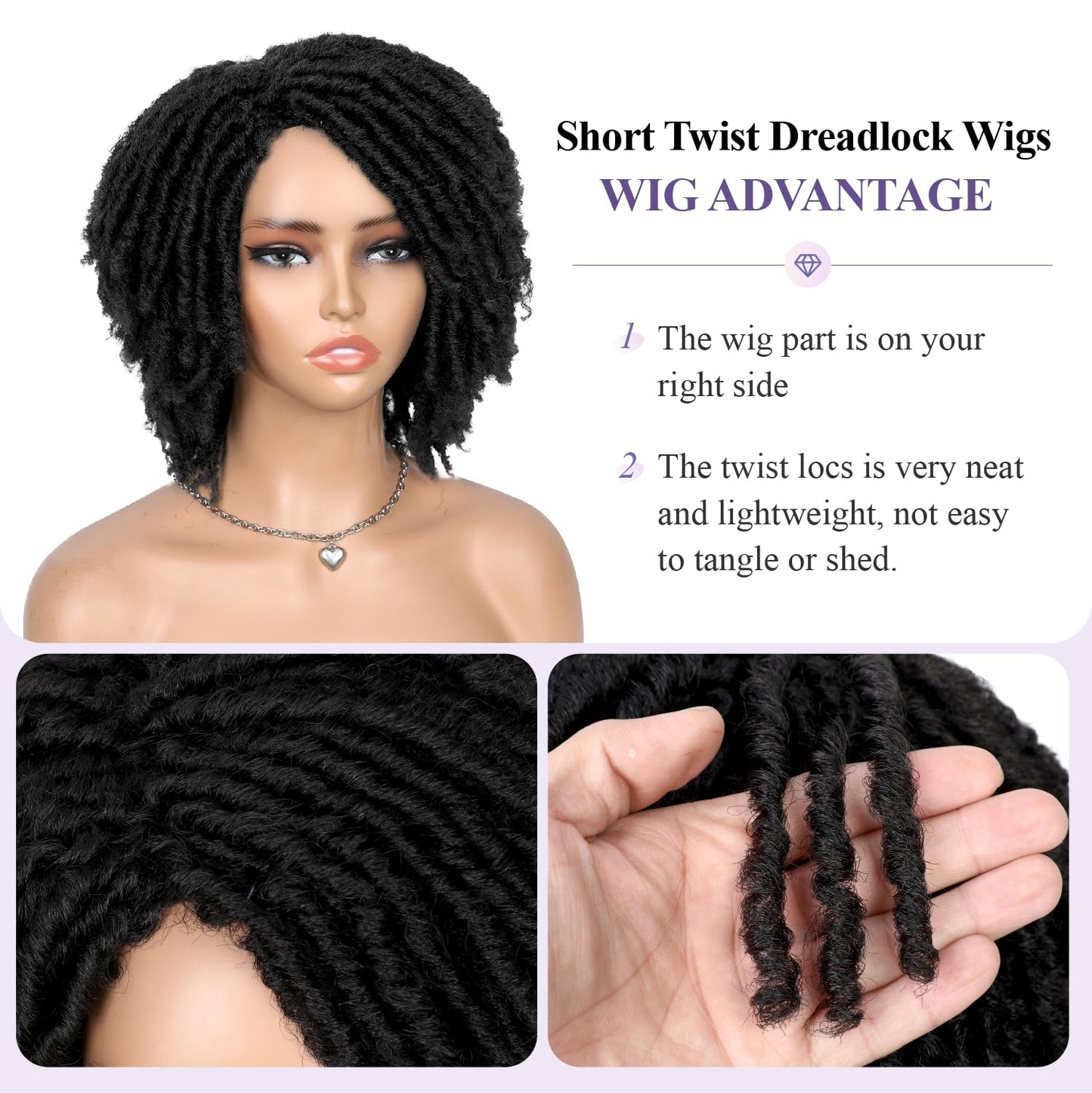 WIGER Dreadlock Wig Short Faux Locs Twist Wigs For Black Women Afro Braided Curly Synthetic Wigs For African American Women Daily Party Use(6 inch,1B)