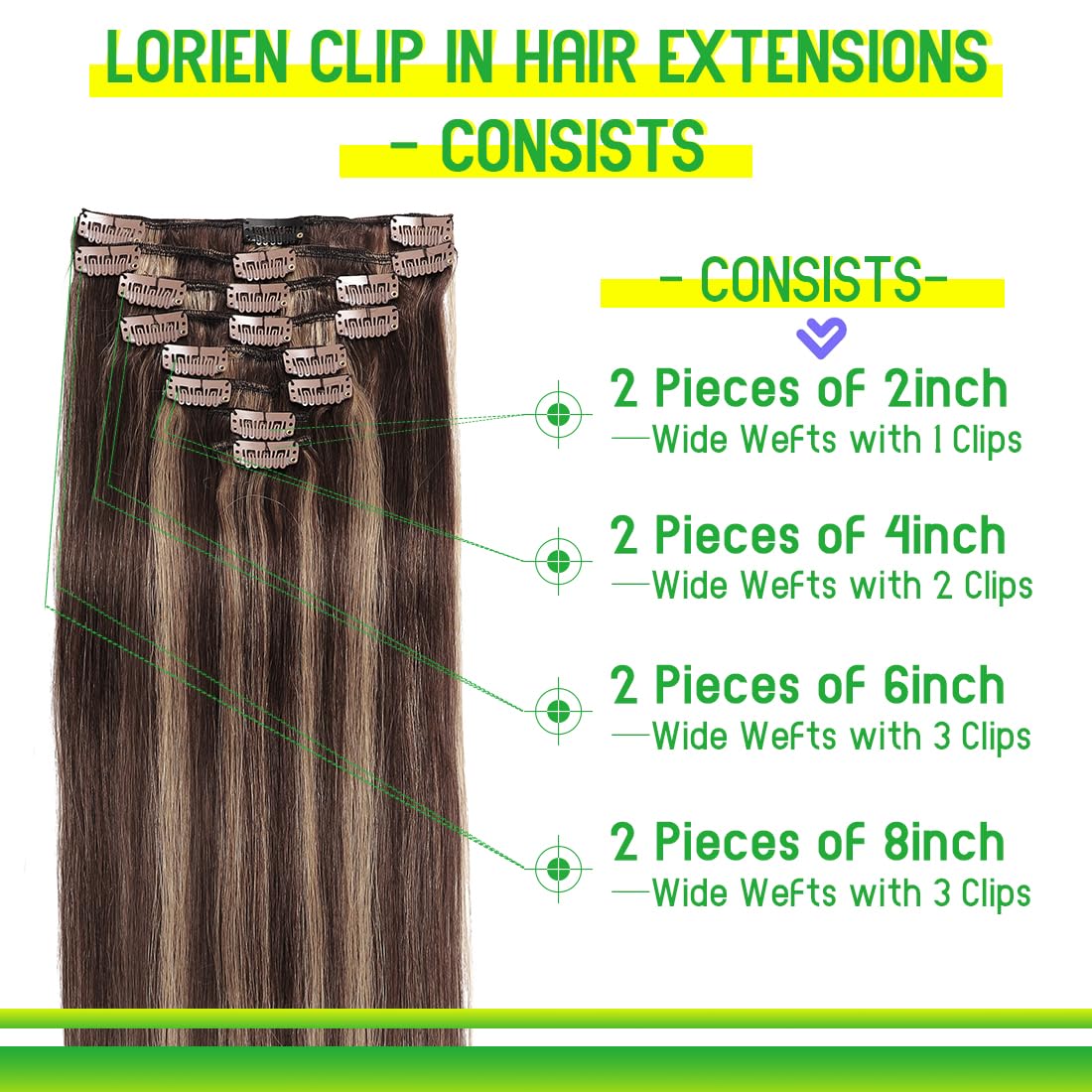 LORIEN Clip in Hair Extensions Real Human Hair, 18 Inch 100g, 2/6 Dark Brown to Chestnut Brown, Clip in 100% Brazilian Remy Human Hair Extensions 8pcs Per Set with 18 Clips Double Weft