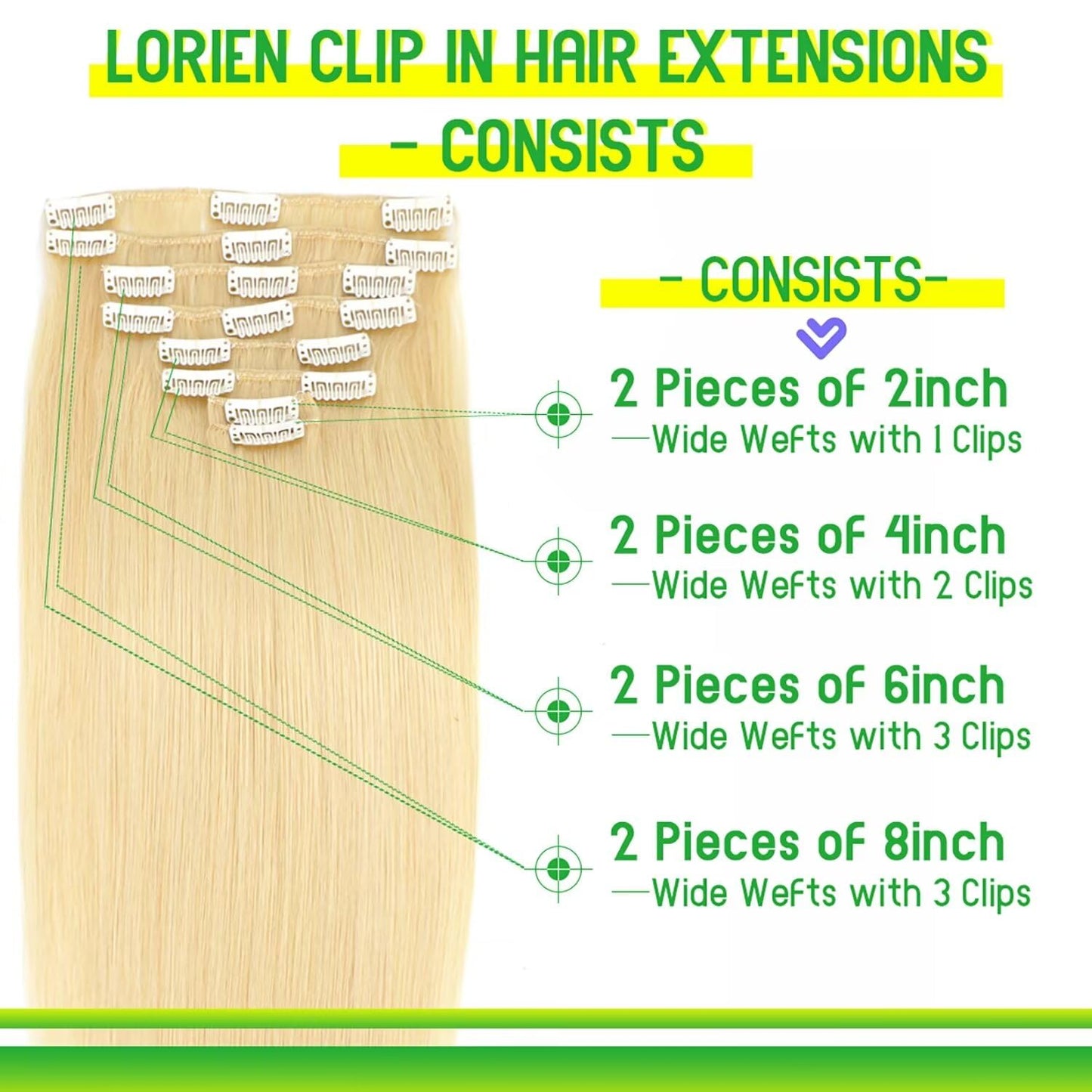 LORIEN Clip in Hair Extensions Real Human Hair, 18 Inch 100g, 613 Bleach Blonde, Clip in 100% Brazilian Remy Human Hair Extensions 8pcs Per Set with 18 Clips Double Weft
