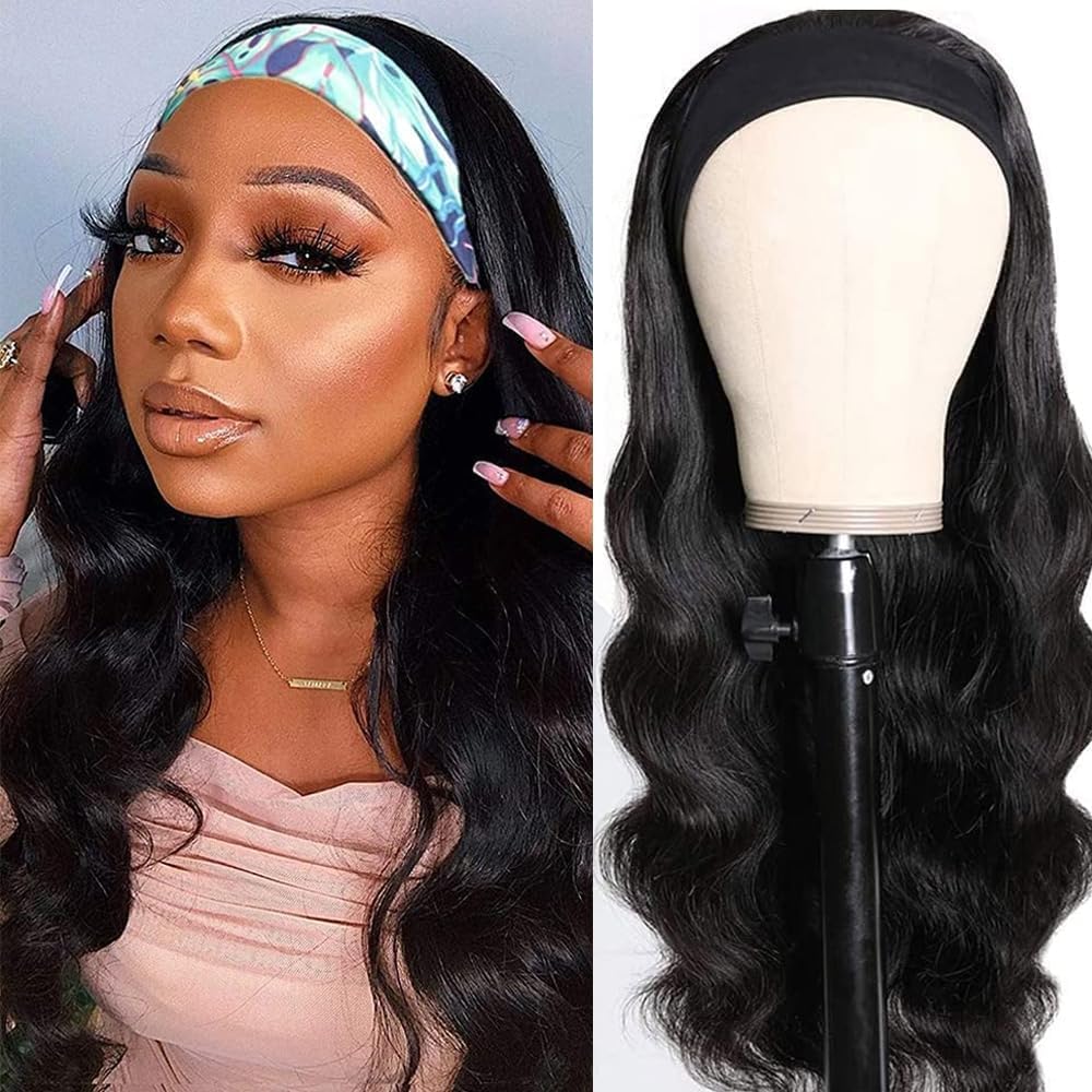 Headband Wig Human Hair Body Wave Headband Wigs for Black Women 20 Inch None Lace Front Wig Human Hair Wear and Go Glueless Wigs Machine Made Brazilian Virgin Human Hair Headband Wig Natural Color