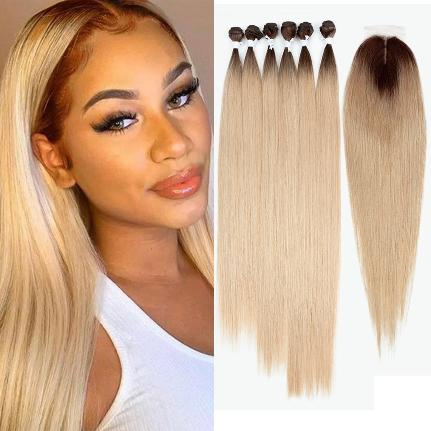 DÉBUT Silky Straight 6 Bundles with Lace Front Closure Synthetic Long Straight Hair Bundles Weave Hand-Tied Middle Parting Lace Closure Ombre Blonde Color