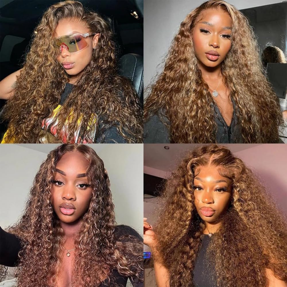Mepurer Honey Blonde Wig Human Hair Deep Wave Lace Front Wigs 200 Density 4/27 Highlight Ombre 13x4 HD Transparent Lace Front Wig with Baby Hair Deep Curly Wave Wig Human Hair for Black Women 26 Inch