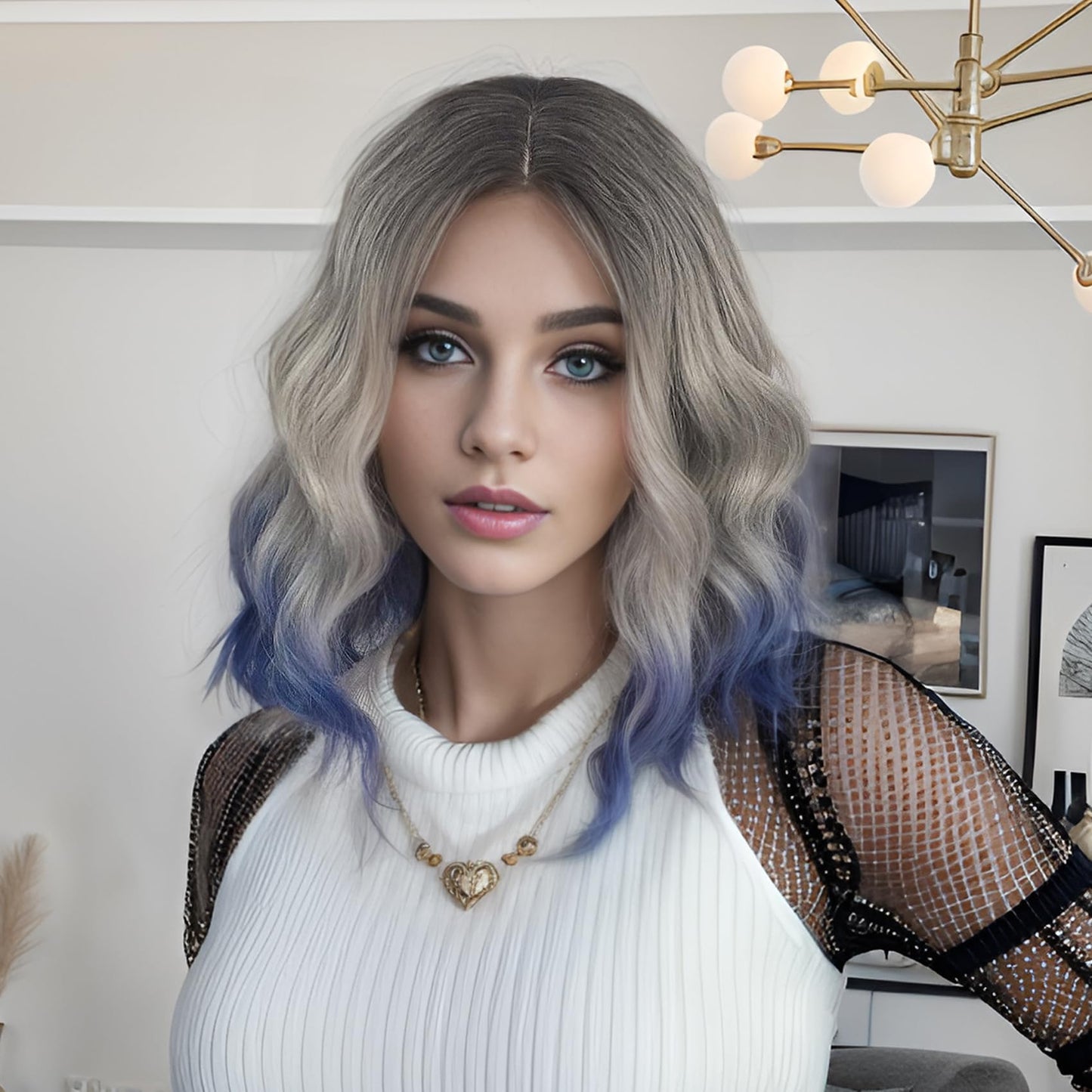 MUPUL Black Ombre silver gray To Blue Wig Short Body Wavy Bob Wigs for Women Shoulder Length Synthetic Cosplay Party Wig for Girls Daily Use Colorful Wigs