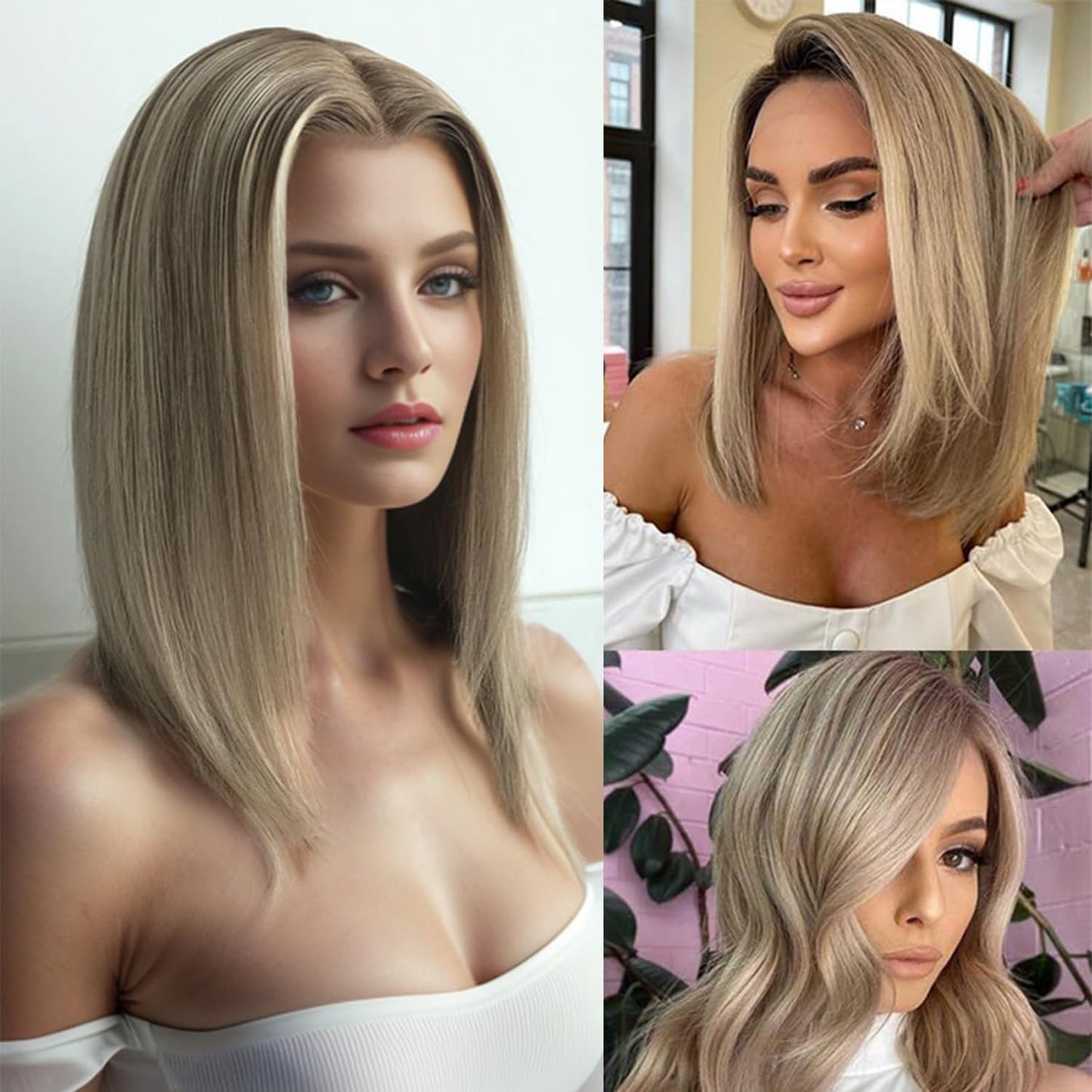 Byluxurious Ash Blonde Ombre Lace Front Wig Human Hair Bob Wig Short Highlight Balayage Straight 13x4 HD Lace Front Human Hair Wigs For Women Pre Plucked 180 Density 12Inch