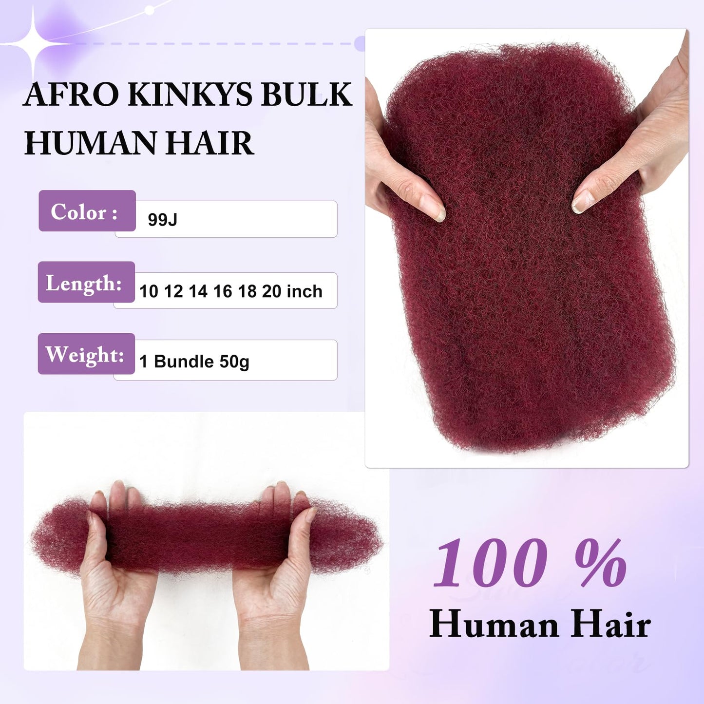 16 Inch Afro Kinkys Bulk Human Hair For Braiding Burgundy Afro Kinky-Curly Human Hair Bulk For Mini Twist Hair 50g/pack Bulk Human Kinky Braiding Hair For Micro Locs Extensions