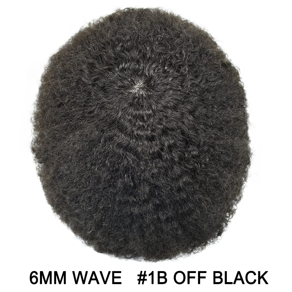 Man Weave Hair Unit for Black Men Curly Afro Brazilian Hair Replacement System Wig for American African Black Men Full Poly Skin All PU Injected Wave Hairpiece (1B# Off Black, 6MM Afro Wave)